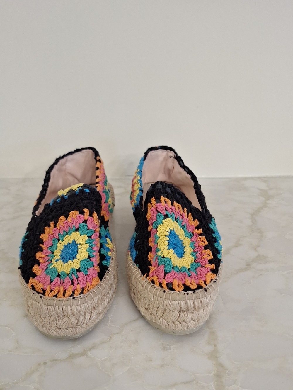 Cotton Crochet Espadrille Slip-Ons in Black with Bright Multicolor Accents